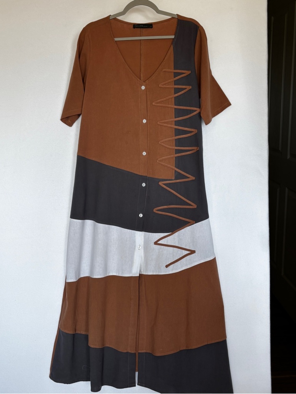 Zanzea XL Brown and Gray Colorblock Button-Front Maxi Dress Cotton Button Front